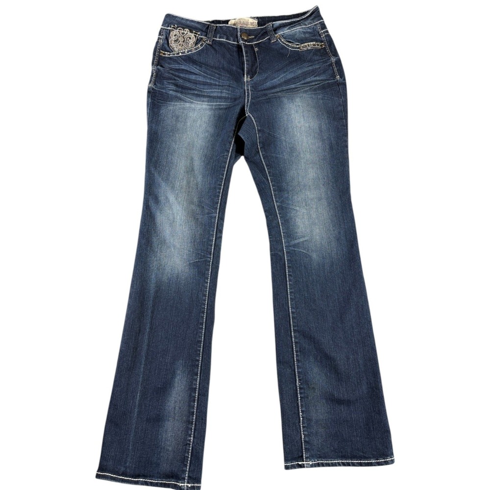 Hydraulic Bootcut Jeans Women 16 Blue Dark Wash Y2K Midrise Stretch Embroidered